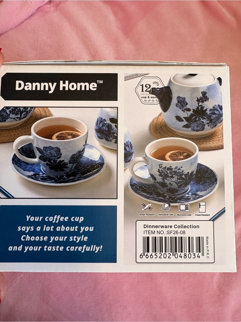 Blue Floral Porcelain Coffee Cup and Saucer Set - 12pc